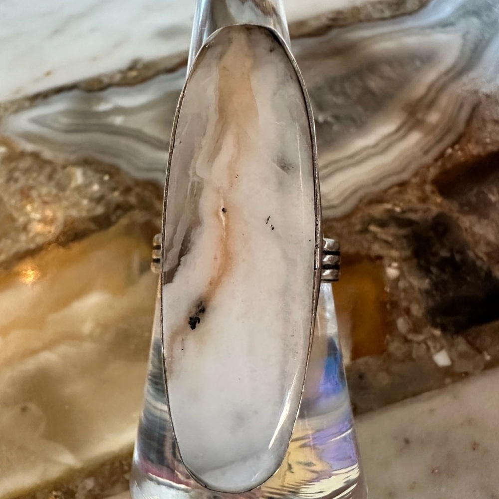 2507 Artisan Silver and Dendritic Opal White Marble Colored Stone Ring